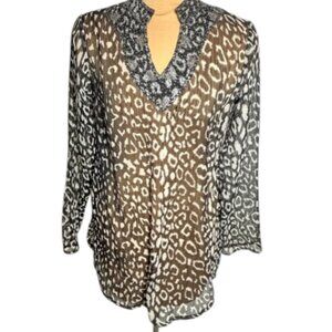 Sheer Leopard Print Tunic Top Embellished Neckline Lightweight Size S